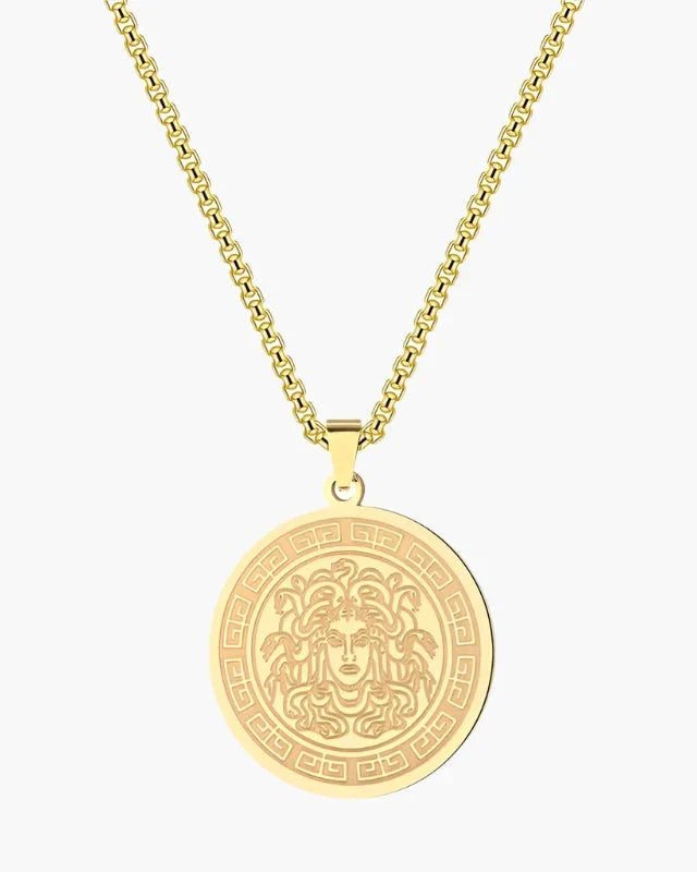 Men's Medusa Medallion Long Chain Necklace - Gold or Silver Plated Steel