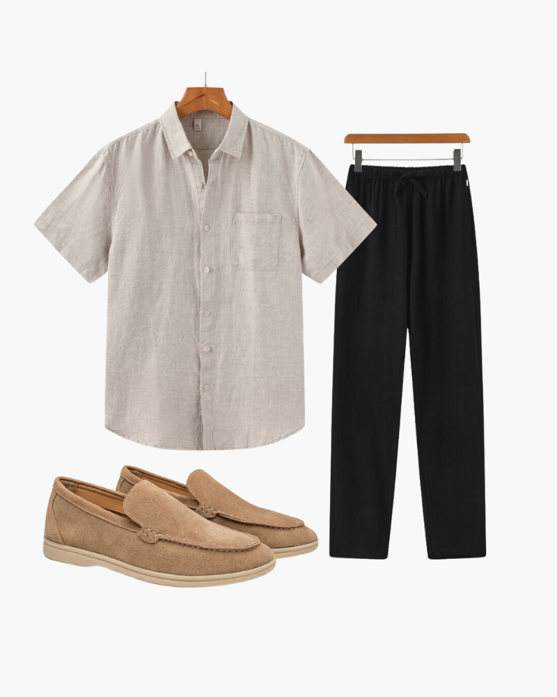 Men's Elegant Beach Lunch Outfit: Breathable Linen Shirt, Pants, Suede Loafers