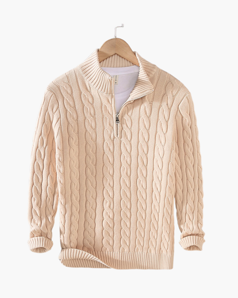 Men's Premium Cotton Half-Zip Sweater: High Neck, Ribbed Trims, Versatile Style