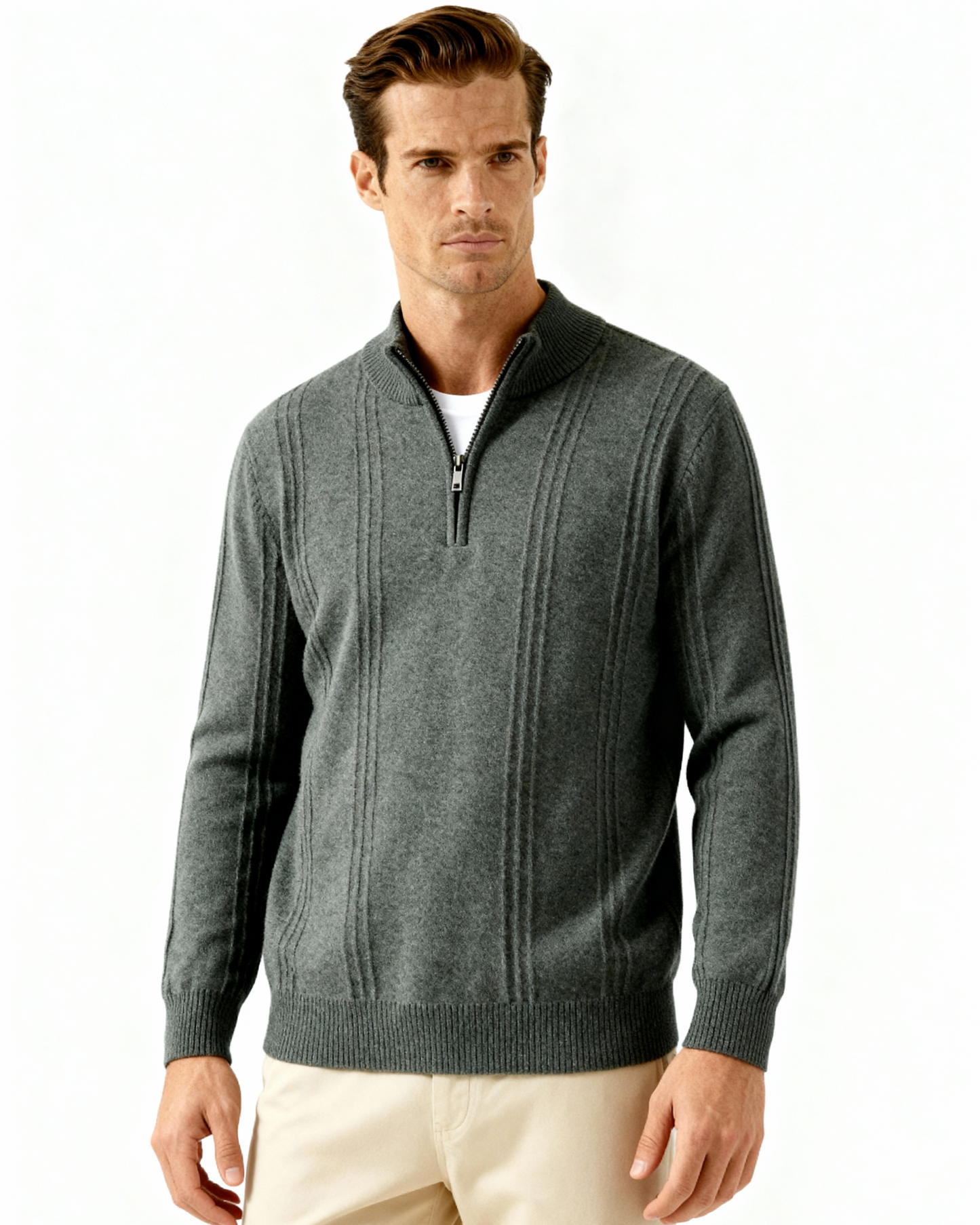 Luxurious 100% Cashmere Ribbed Half-Zip Sweater for Men – Ultimate Comfort Style