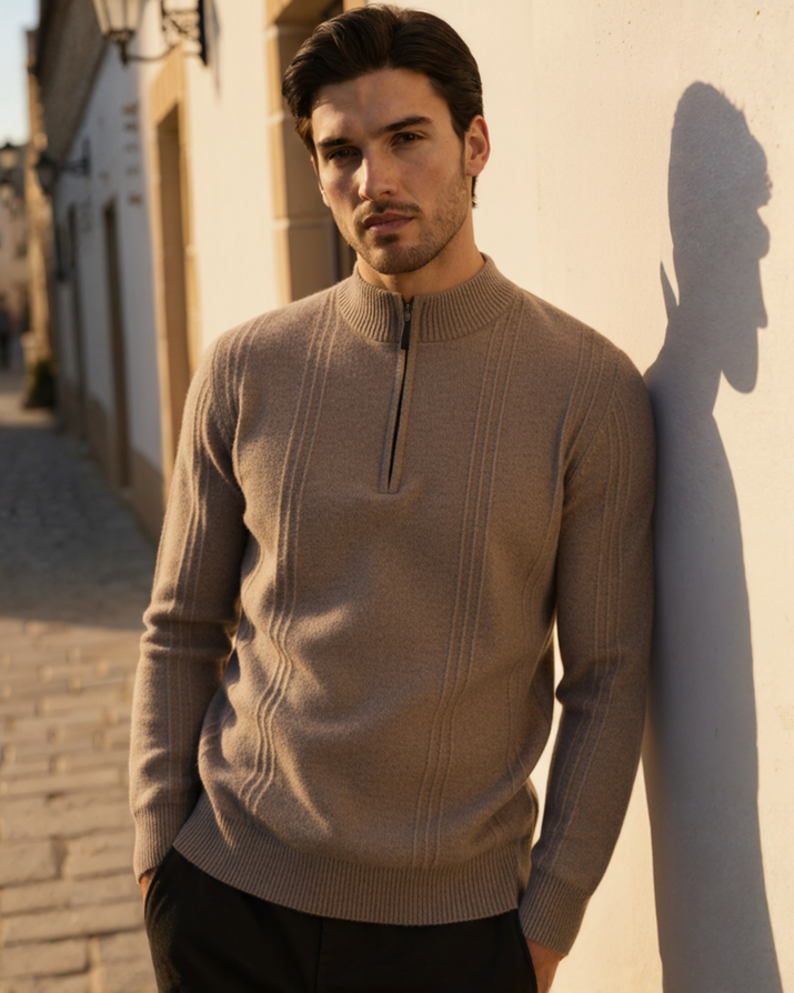Luxurious 100% Cashmere Ribbed Half-Zip Sweater for Men – Ultimate Comfort Style