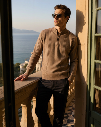 Luxurious 100% Cashmere Ribbed Half-Zip Sweater for Men – Ultimate Comfort Style