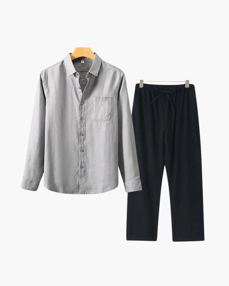 Men's Relaxed Fit Breathable Linen Longsleeve Shirt & Pant Combo Set