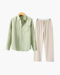 Men's Relaxed Fit Breathable Linen Longsleeve Shirt & Pant Combo Set