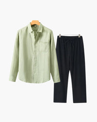 Men's Relaxed Fit Breathable Linen Longsleeve Shirt & Pant Combo Set