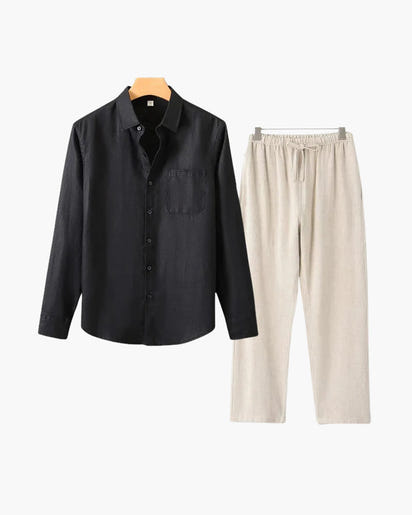 Men's Relaxed Fit Breathable Linen Longsleeve Shirt & Pant Combo Set