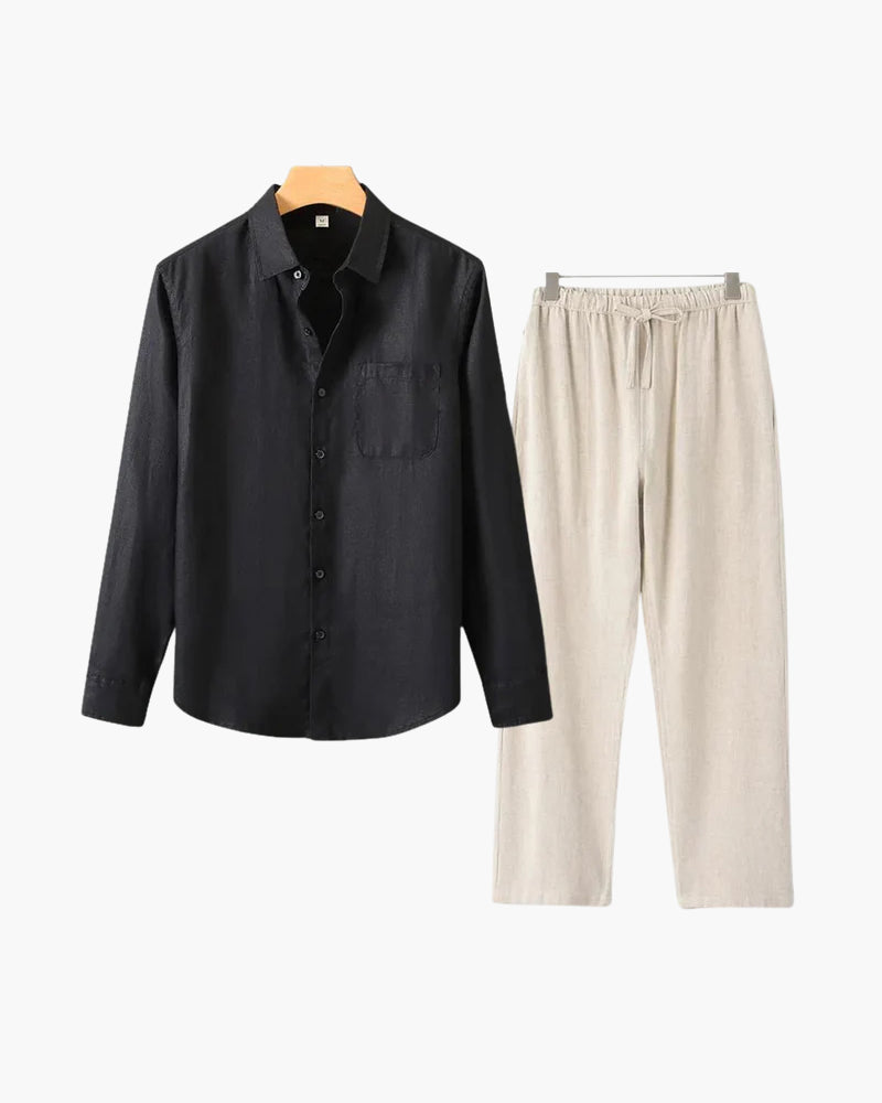 Men's Relaxed Fit Breathable Linen Longsleeve Shirt & Pant Combo Set