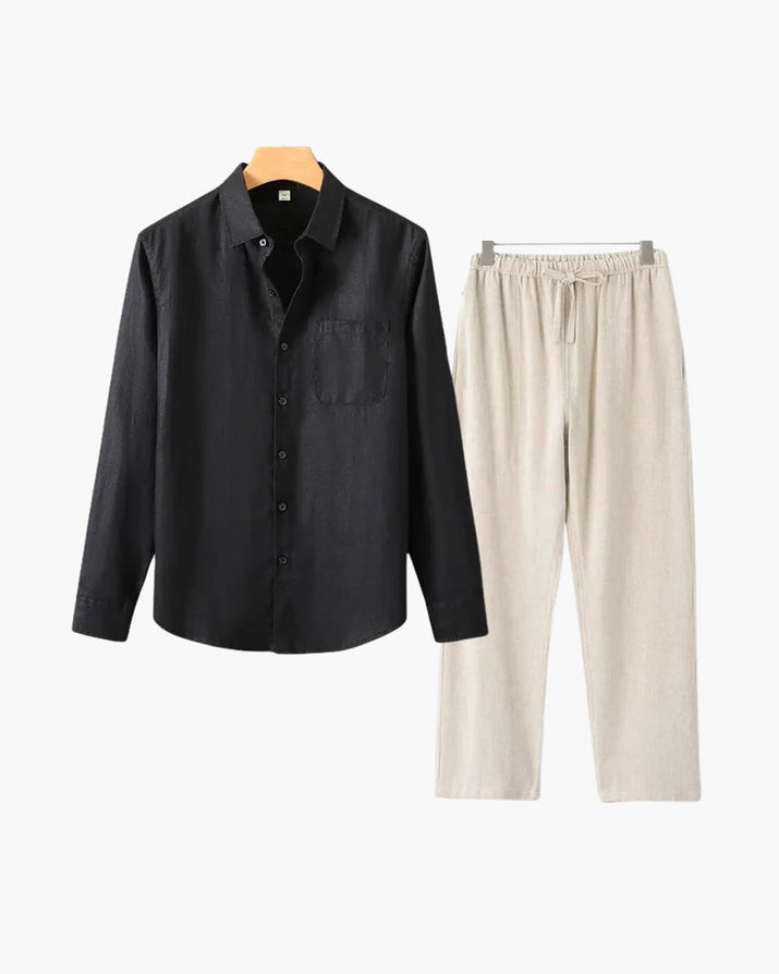 Men's Relaxed Fit Breathable Linen Longsleeve Shirt & Pant Combo Set