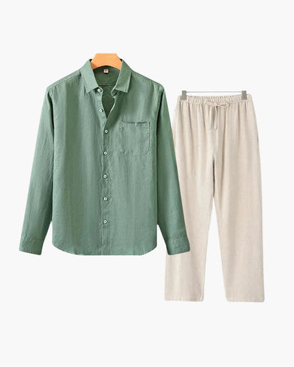 Men's Relaxed Fit Breathable Linen Longsleeve Shirt & Pant Combo Set