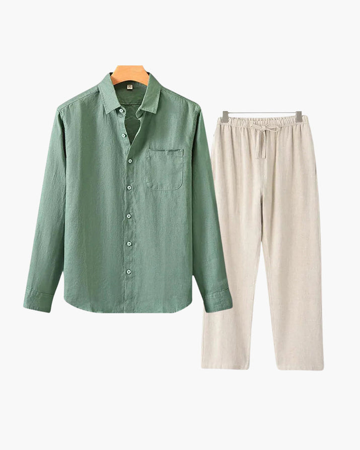 Men's Relaxed Fit Breathable Linen Longsleeve Shirt & Pant Combo Set