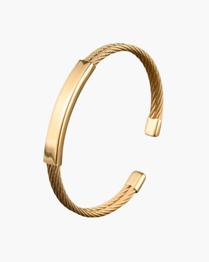 Bold Industrial Torque Cable Cuff Bracelet - Polished Gold-Tone Twisted Steel Style