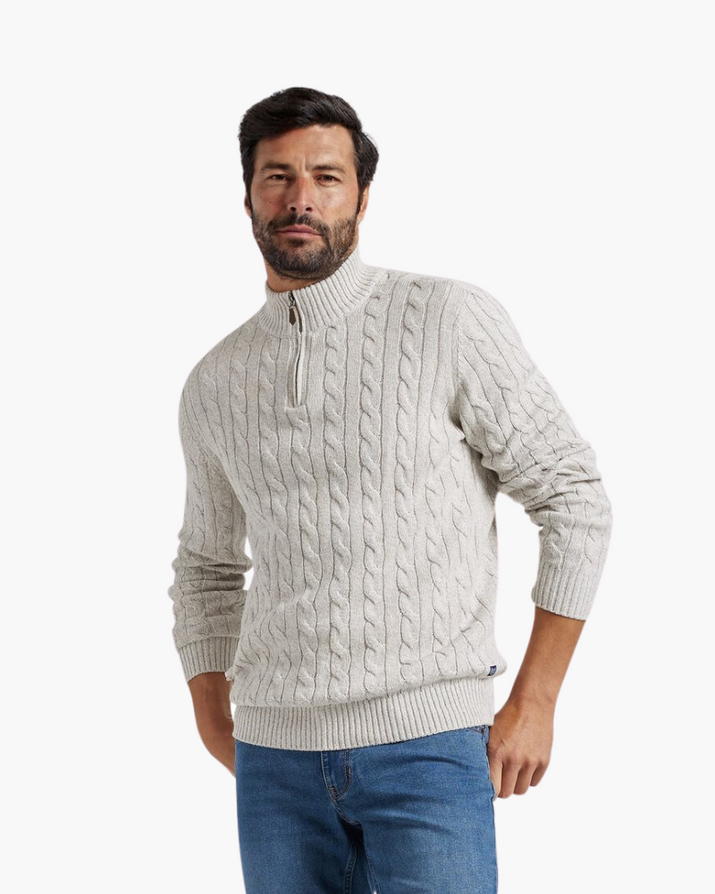 Men's Premium Cotton Half-Zip Sweater: High Neck, Ribbed Trims, Versatile Style