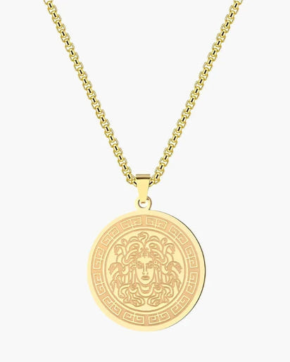 Men's Medusa Medallion Long Chain Necklace - Gold or Silver Plated Steel