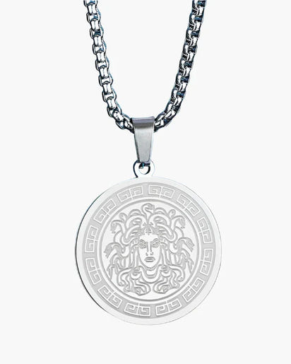 Men's Medusa Medallion Long Chain Necklace - Gold or Silver Plated Steel