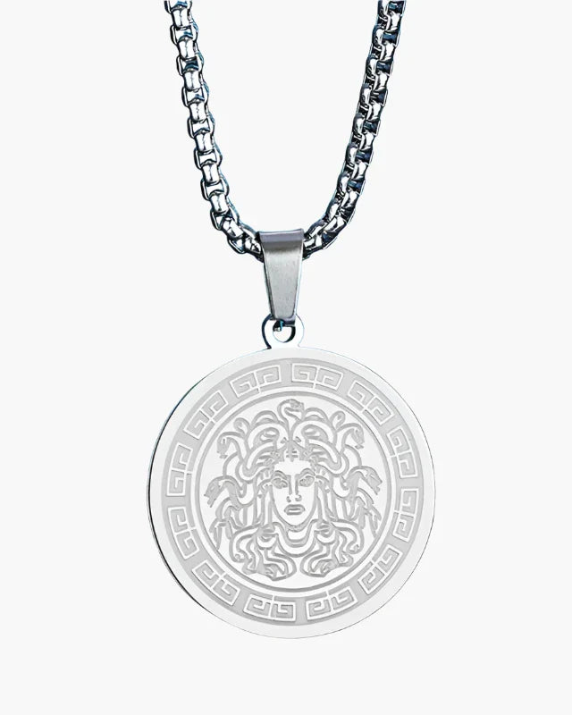 Men's Medusa Medallion Long Chain Necklace - Gold or Silver Plated Steel