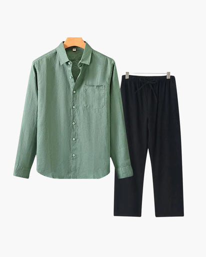 Men's Relaxed Fit Breathable Linen Longsleeve Shirt & Pant Combo Set