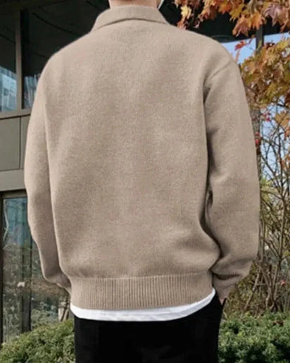 Luxurious Men's 100% Wool Half-Zip Pullover Sweater with Button Collar