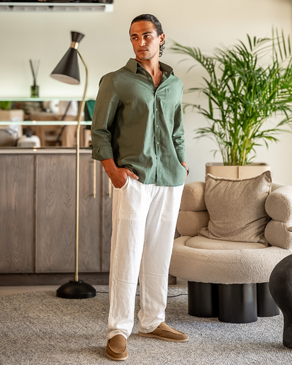 Men's Relaxed Fit Breathable Linen Longsleeve Shirt & Pant Combo Set