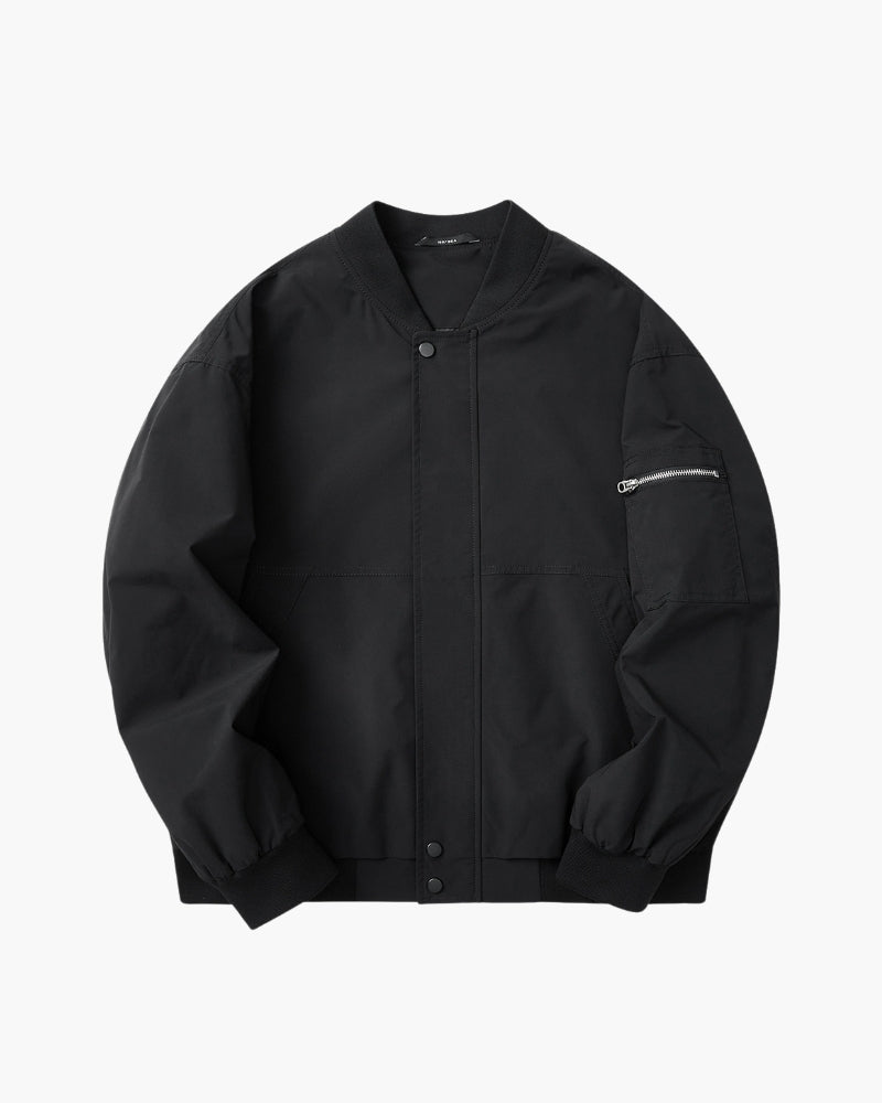 Men's Sleek Minimalist Bomber Jacket: Collarless, Zip-Front, Utility Pocket