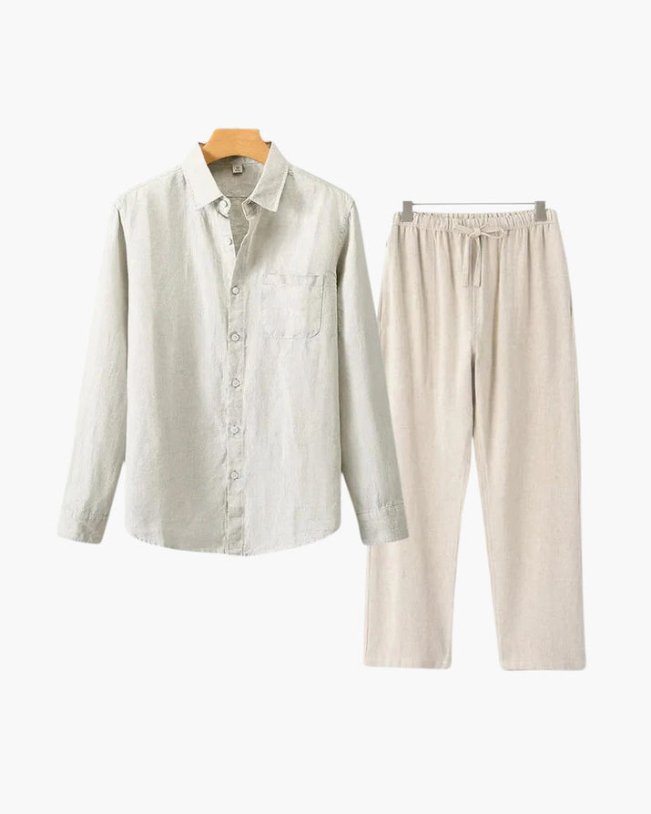 Men's Relaxed Fit Breathable Linen Longsleeve Shirt & Pant Combo Set