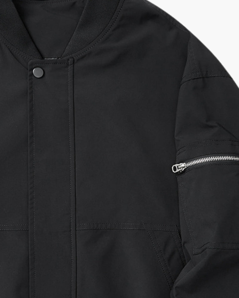 Men's Sleek Minimalist Bomber Jacket: Collarless, Zip-Front, Utility Pocket