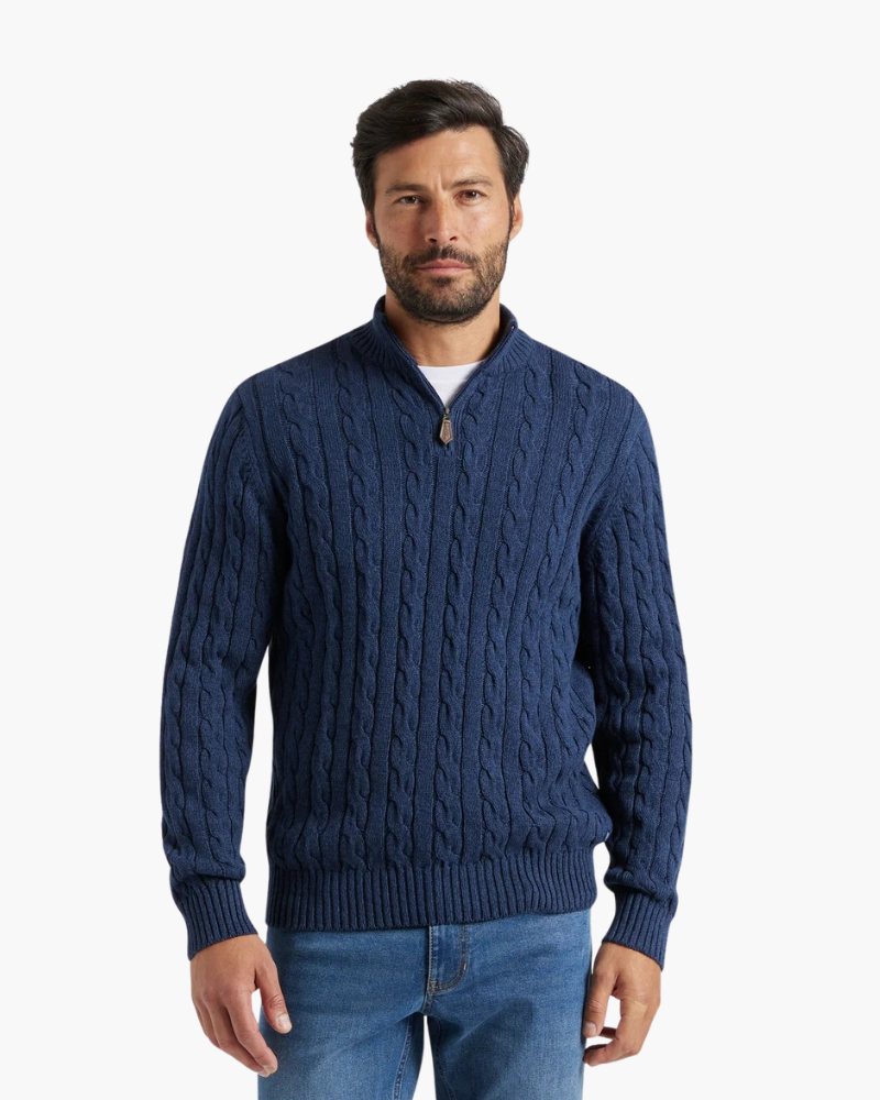 Men's Premium Cotton Half-Zip Sweater: High Neck, Ribbed Trims, Versatile Style