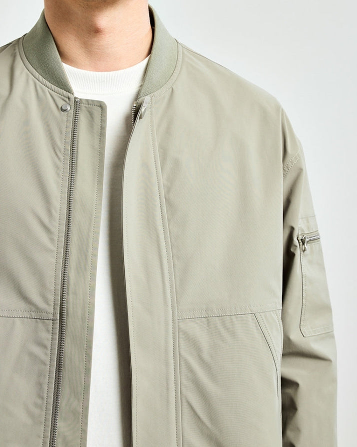 Men's Sleek Minimalist Bomber Jacket: Collarless, Zip-Front, Utility Pocket
