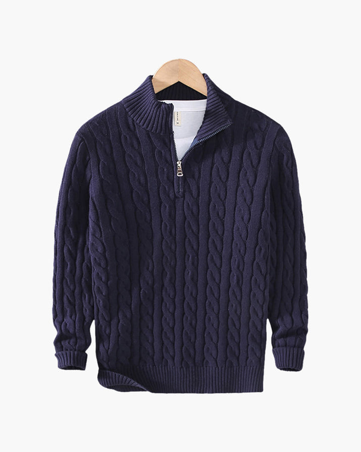 Men's Premium Cotton Half-Zip Sweater: High Neck, Ribbed Trims, Versatile Style