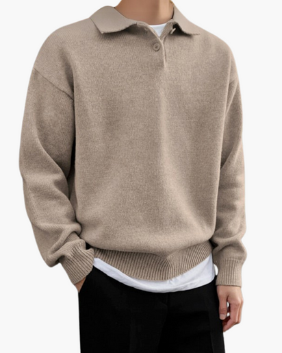 Luxurious Men's 100% Wool Half-Zip Pullover Sweater with Button Collar