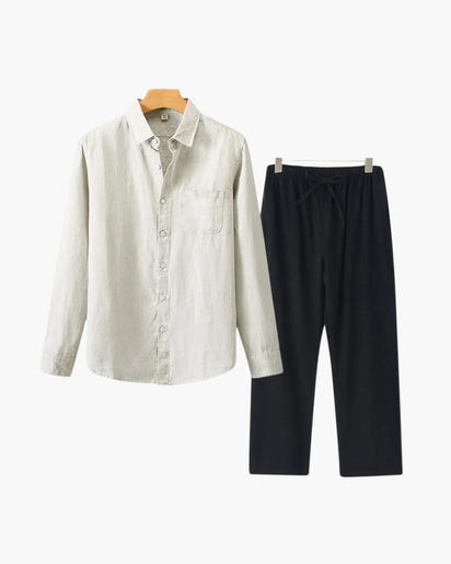 Men's Relaxed Fit Breathable Linen Longsleeve Shirt & Pant Combo Set