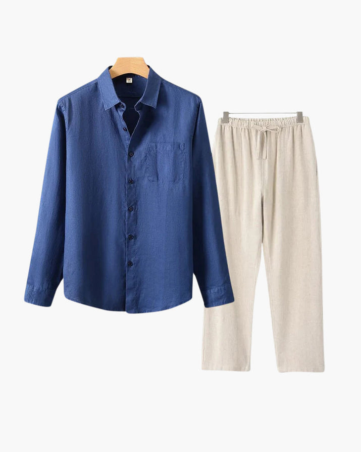 Men's Relaxed Fit Breathable Linen Longsleeve Shirt & Pant Combo Set