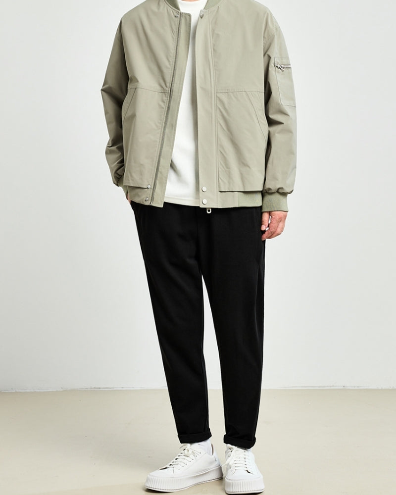 Men's Sleek Minimalist Bomber Jacket: Collarless, Zip-Front, Utility Pocket