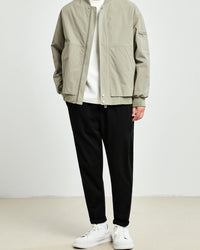 Men's Sleek Minimalist Bomber Jacket: Collarless, Zip-Front, Utility Pocket