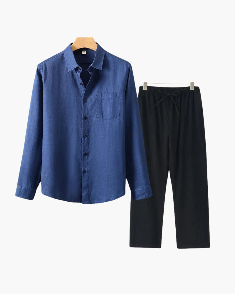 Men's Relaxed Fit Breathable Linen Longsleeve Shirt & Pant Combo Set