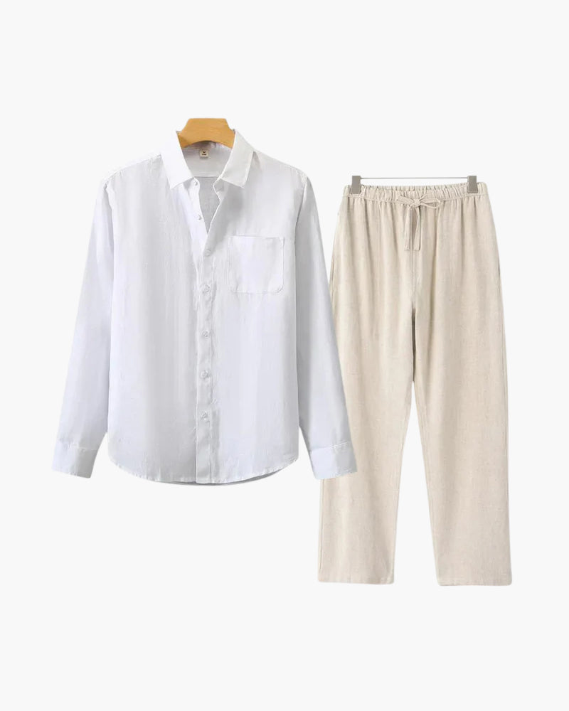 Men's Relaxed Fit Breathable Linen Longsleeve Shirt & Pant Combo Set
