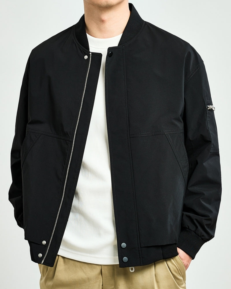 Men's Sleek Minimalist Bomber Jacket: Collarless, Zip-Front, Utility Pocket