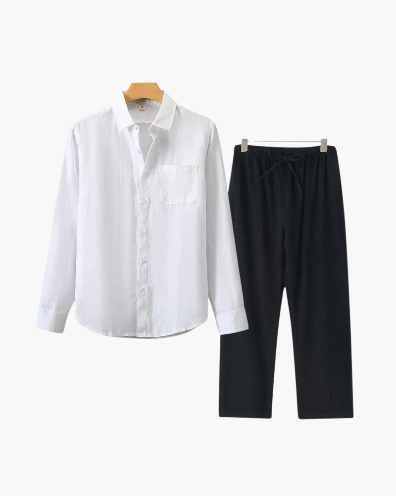 Men's Relaxed Fit Breathable Linen Longsleeve Shirt & Pant Combo Set