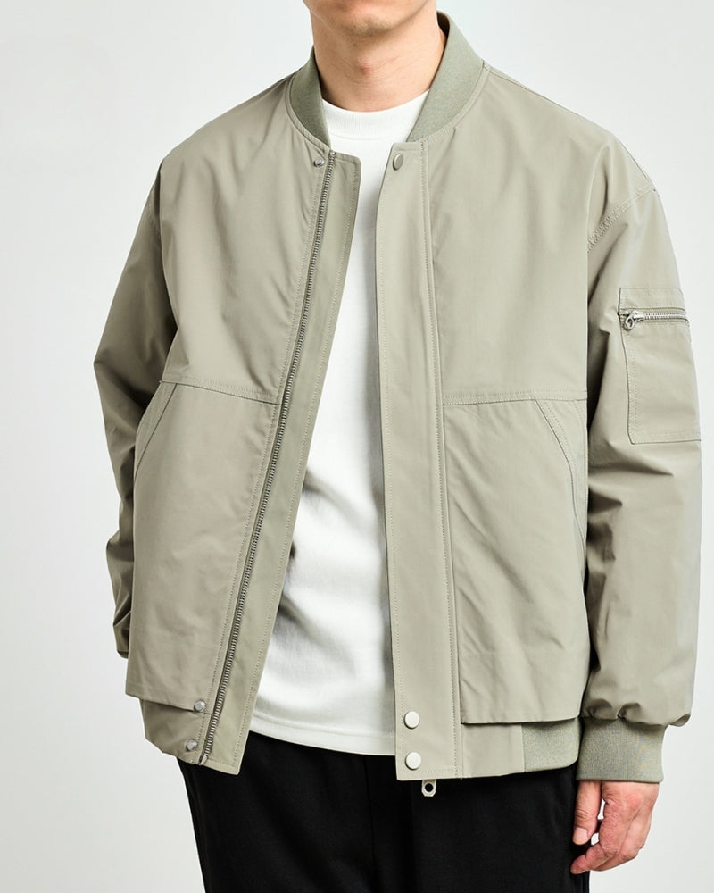 Men's Sleek Minimalist Bomber Jacket: Collarless, Zip-Front, Utility Pocket