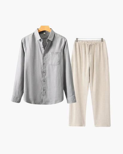 Men's Relaxed Fit Breathable Linen Longsleeve Shirt & Pant Combo Set