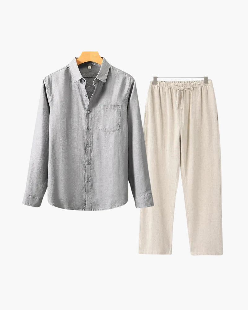 Men's Relaxed Fit Breathable Linen Longsleeve Shirt & Pant Combo Set