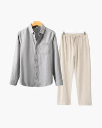 Men's Relaxed Fit Breathable Linen Longsleeve Shirt & Pant Combo Set