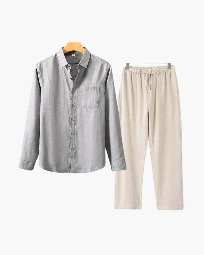 Men's Relaxed Fit Breathable Linen Longsleeve Shirt & Pant Combo Set