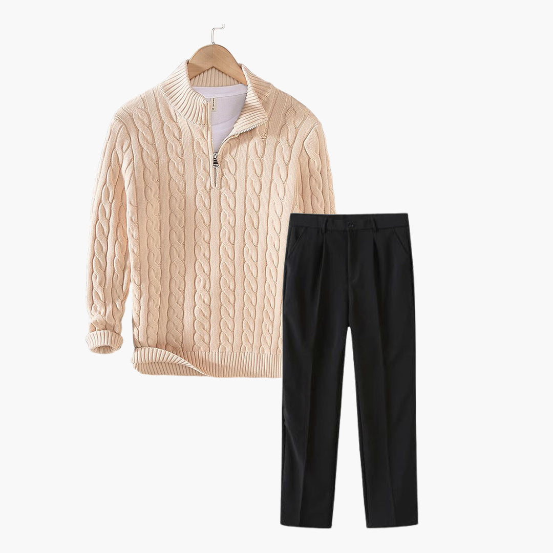 Mayfair Night Autumn Outfit: Zipped Cable Knit Sweater & Fitted Trousers Bundle