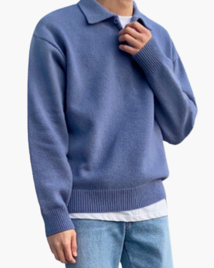 Luxurious Men's 100% Wool Half-Zip Pullover Sweater with Button Collar