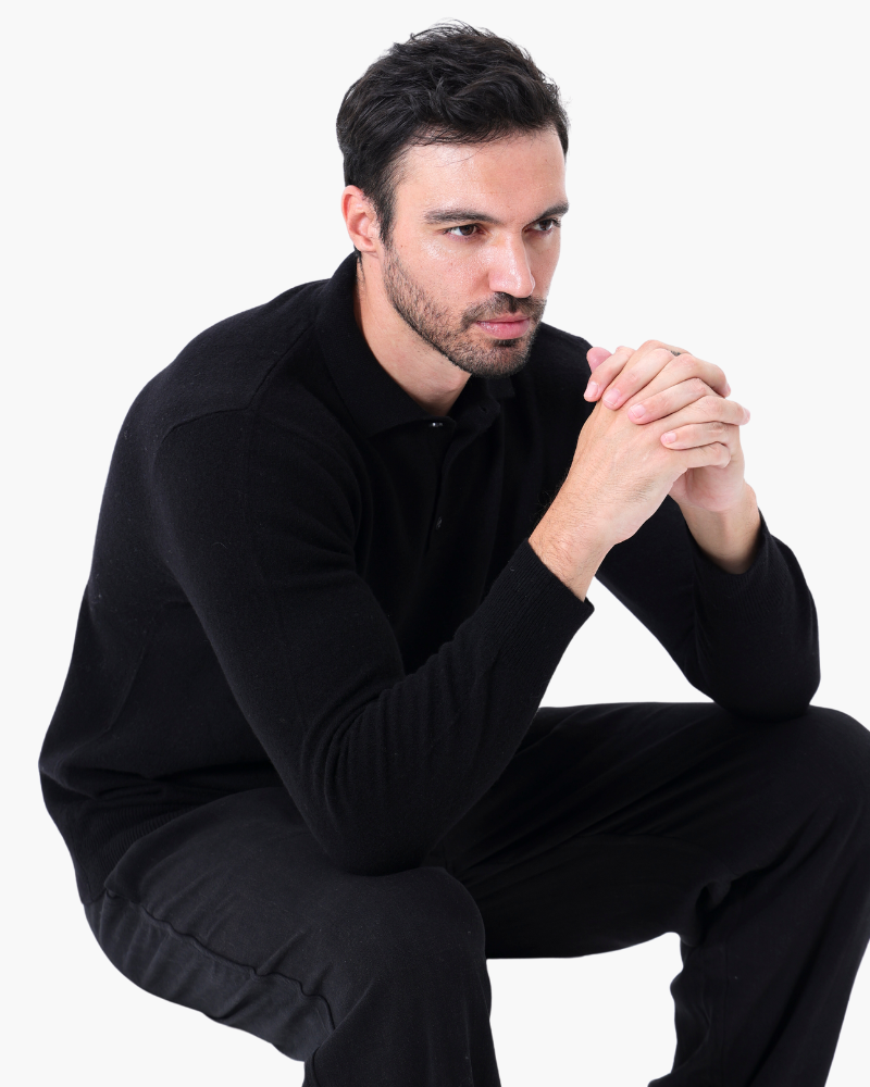 Men's Premium Black Winter Dinner Outfit: Wool Polo, Stretchy Pants, Loafers