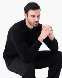 Men's Premium Black Winter Dinner Outfit: Wool Polo, Stretchy Pants, Loafers