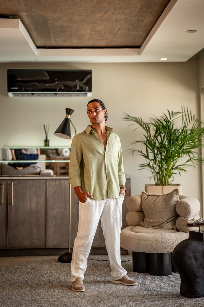 Men's Relaxed Fit Breathable Linen Longsleeve Shirt & Pant Combo Set