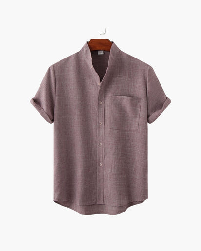 Men's Mandarin Collar Short Sleeve Shirt - Relaxed Fit, Breathable Cotton Blend