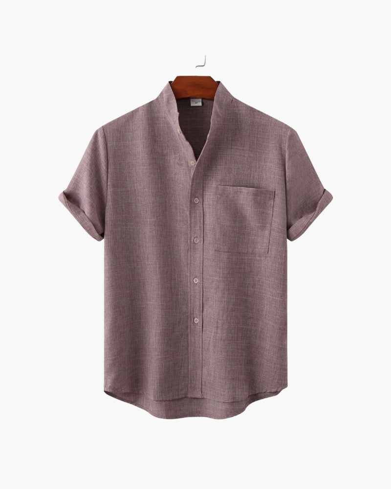Men's Mandarin Collar Short Sleeve Shirt - Relaxed Fit, Breathable Cotton Blend