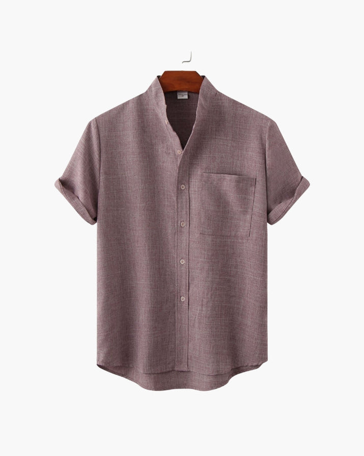 Men's Mandarin Collar Short Sleeve Shirt - Relaxed Fit, Breathable Cotton Blend